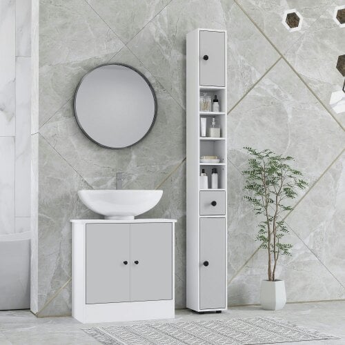 Wyld Haus Pabaha Tall Slim Bathroom Storage Cabinet With Drawers Shelves And Cupboards Light Grey