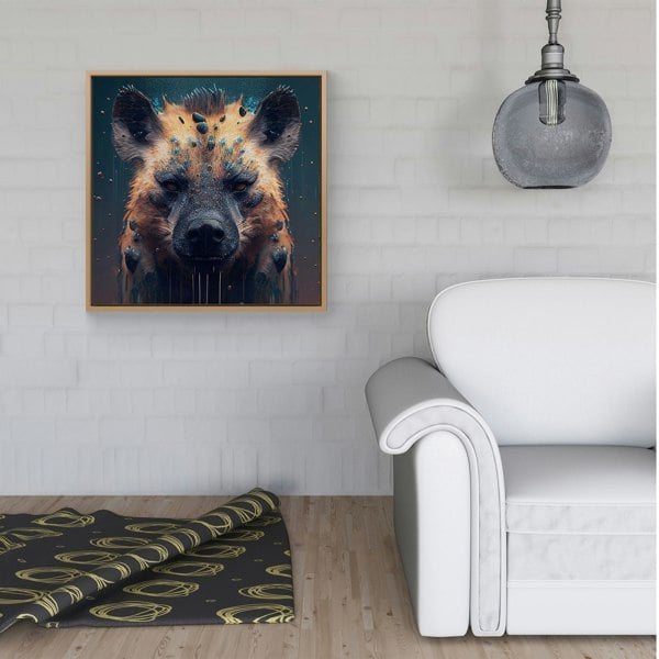 Warren Reed Hyena Face Splash Art Dark Background Framed Canvas