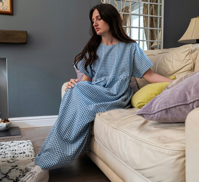 Antonia York Check Dress | Martina Short Sleeve Cotton Gingham Seersucker Oversized Dress - Blue