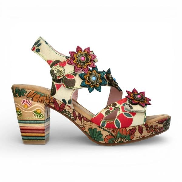 Laura Vita Nellao 33 - Women's Beige Floral Leather Wedge Sandals