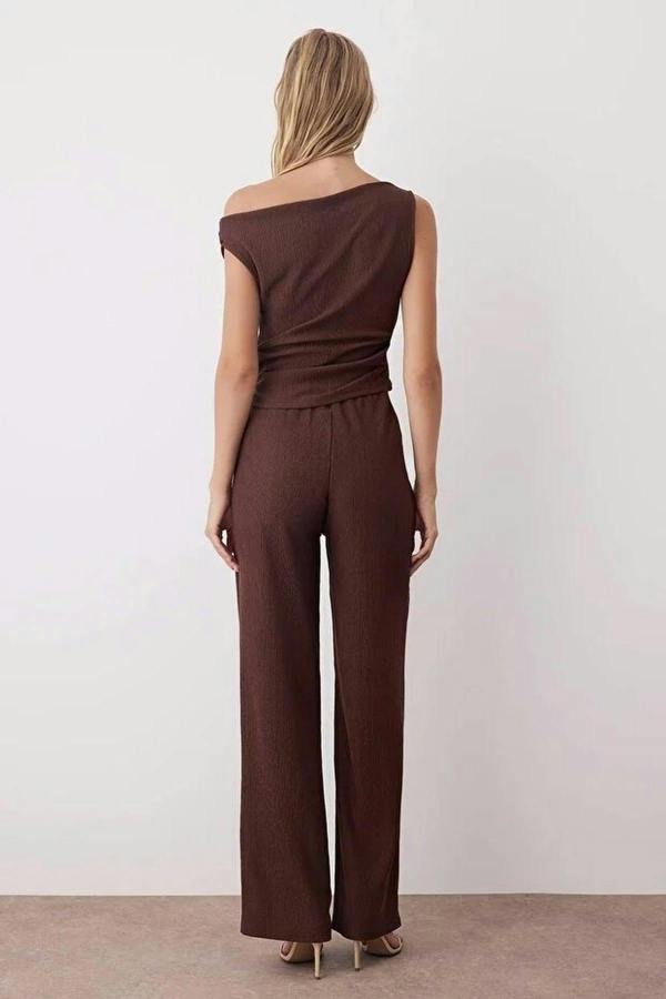 WOVCOR 2-Piece Asymmetrical Collar Top & Palazzo Bottom Knit Set