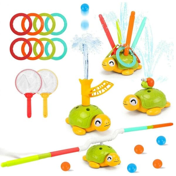 deAO Toys Kids Turtle Water Sprinkler Play Set with Rings, Nets & Balls - Outdoor Splash Toy for Toddlers