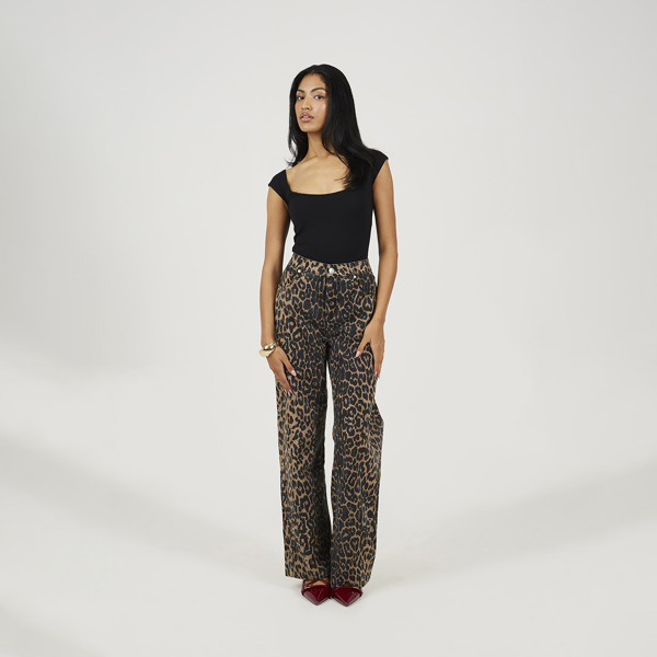 Brave Soul Leopard Print Wide Leg Jeans - Brown
