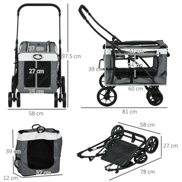 Foldable pet stroller shown in multiple views with wheels and fold frame
