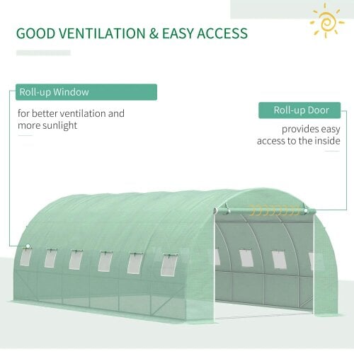 Bobobiy 6 x 3 x 2 m Polytunnel Greenhouse with Roll-up Door and 12 Mesh Windows, Green