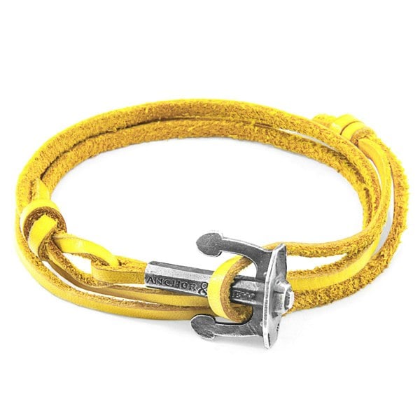 Anchor & Crew Mustard Yellow Union Anchor Silver and Flat Leather Bracelet