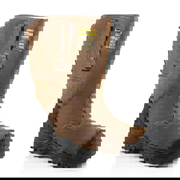 Buckbootz BSH010 Buckshot Mens Rigger Pull On Steel Safety Boots, durable brown leather construction with steel toe cap, rugged black outsole, and waterproof features.