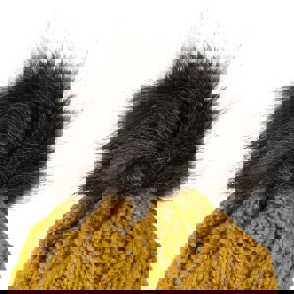 Aran Diamond Cable Button Hat Fisherman Stitch Pom Pom Hat | Chunky Rib Knit with Faux Fur Pom Pom