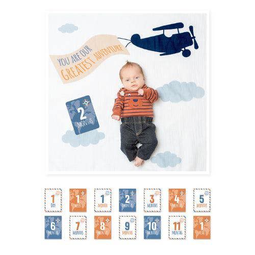 Lulujo - Baby's First Year Gift Set - Cotton Swaddle & Cards - Greatest Adventure