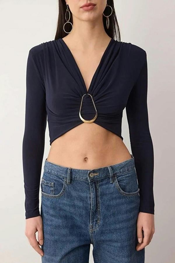 WOVCOR Buckle Detail V-Neck Knit Party Blouse