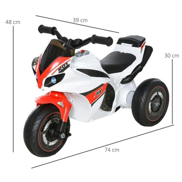 White and red 3-wheel ride-on police bike with black seat, handlebars, and front wheel