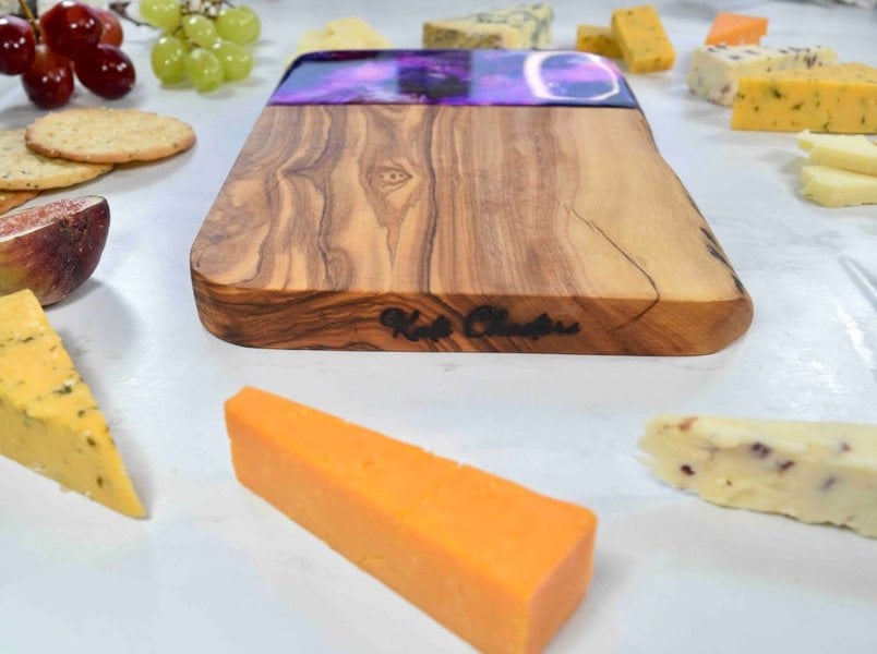 Kate Chesters Art Olive Wood Cutting Board with Purple Resin Art