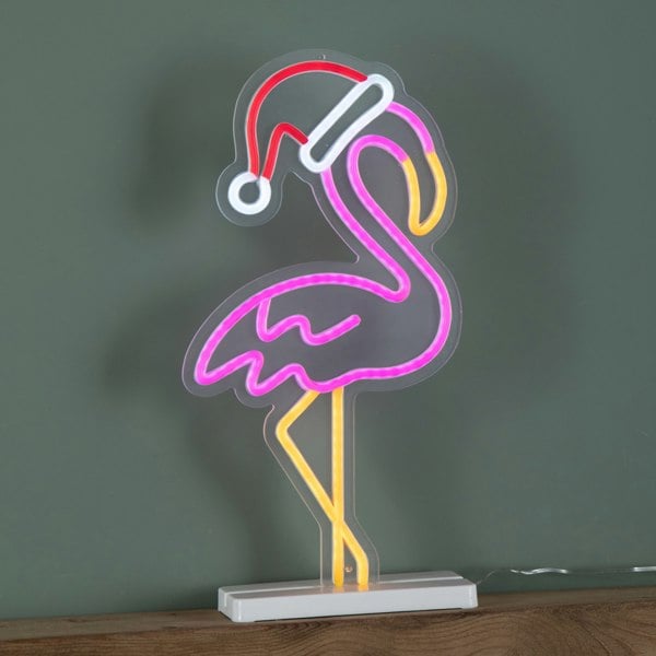 Samuel Alexander 43cm Light up Neon Effect Flamingo with Santa Hat on Base with Multi-Coloured LEDs