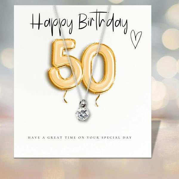 Aye Do Gifts 50th Birthday Cubic Zirconia Silver Necklace, Gold Balloons Gift Card