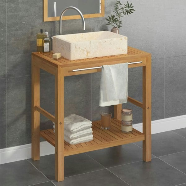 Berkfield Bathroom Vanity Cabinet Solid Teak with Sink Marble Cream