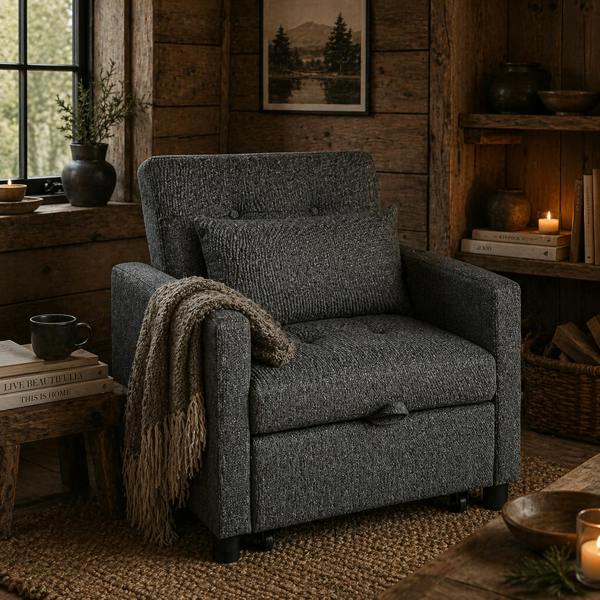 Wyld Haus Loco Suro Dark Grey 3 In One Convertible Chair Bed With Adjustable Back Cushion And Footrest