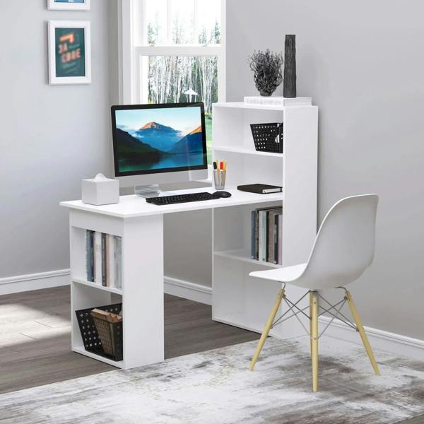 White computer desk with open side shelves and workspace tabletop