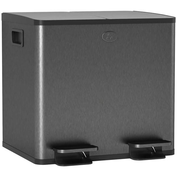 Black stainless steel dual-compartment pedal bin with two foot pedals and deodoriser holders
