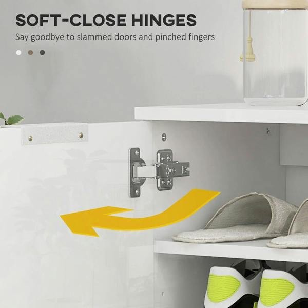 White shoe storage cupboard with soft-close hinges and open shelf space