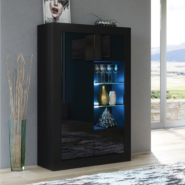Mex Furniture Elegant 140cm Sideboard Cabinet Unit with Black High Gloss Doors and Free LED Display