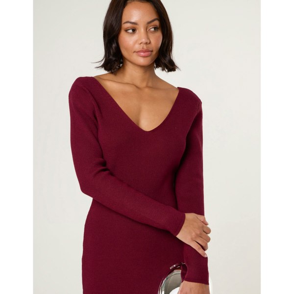 Blue Vanilla V Neck Bow Back Detailed Knitted Dress