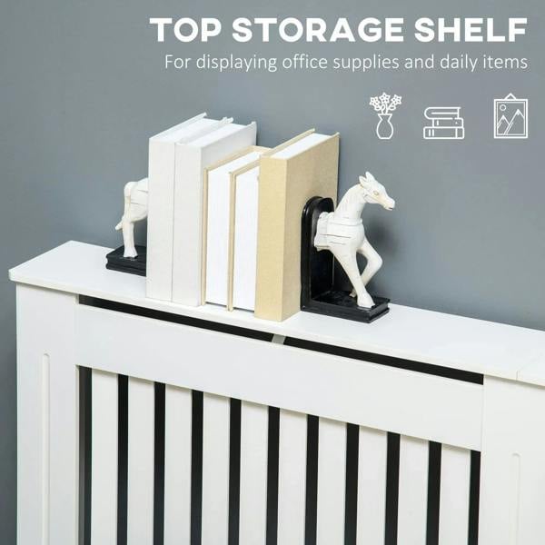 White radiator cover with top storage shelf and vertical slatted front grill.