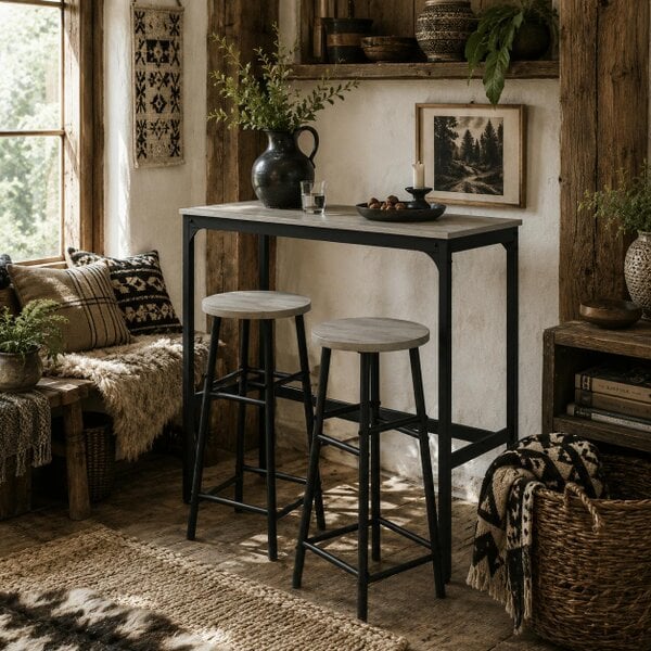 Wyld Haus Dirive Wooden Grey 3 Piece Industrial Bar Table And Stool Set