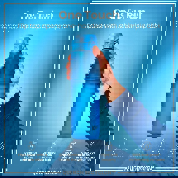 A blue water bottle is held; its flip top opens one-handed. The background is a solid blue; text highlights the bottle's features, including "One Touch," "Flips open with a simple click," "One-handed use on the go," "Triple lock security," and "100% leak proof - no twisting, no leaks," and "QUENCH RECYCLON™".