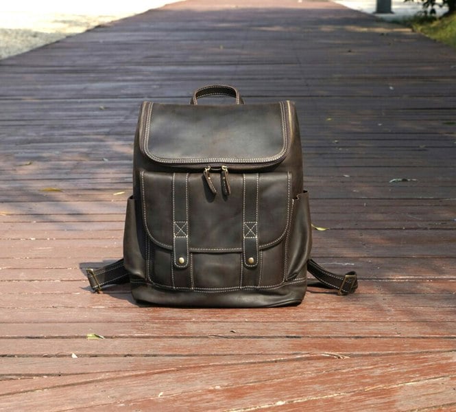 Touribag Top Open Leather Backpack With Front Straps Detail - Dark Brown