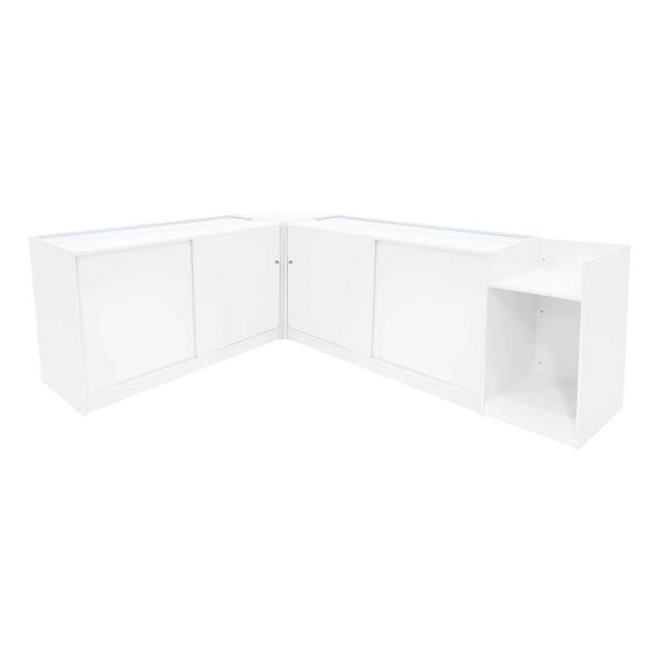 White Europa LED shop counter set featuring sleek design, smooth surfaces, and spacious storage compartments, ideal for retail displays