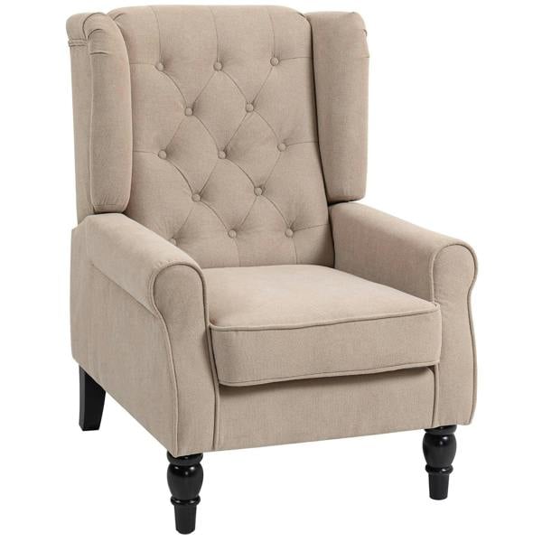 Beige wingback accent chair with button-tufted back and padded arms
