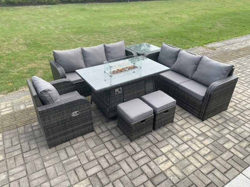Fimous 9-Seater Rattan Outdoor Gas Fire Pit Dining Set | Rectangle Table, Reclining Chair, 3-Seater Sofa, 2 Footstools, Side Table