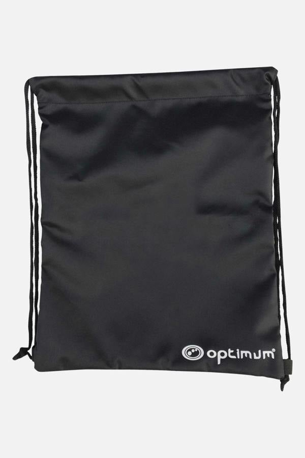 Black Optimum drawstring gym sack with white logo, front view on white - Optimum