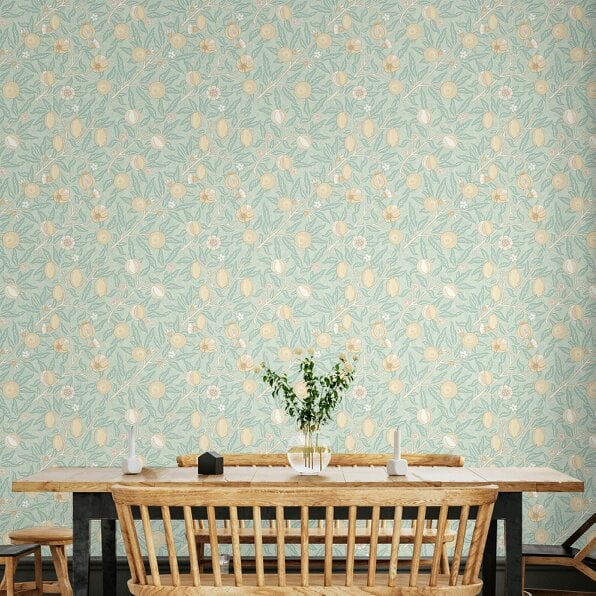 Hoopla Walls Fruit & Foliage - Seafoam & Straw 10m Wallpaper