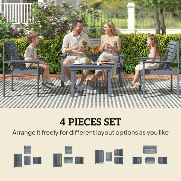 4 Piece Wooden Garden Furniture Set, Outdoor Garden Sofa Set with 2 Armchairs, Loveseat and Coffee Table, Grey