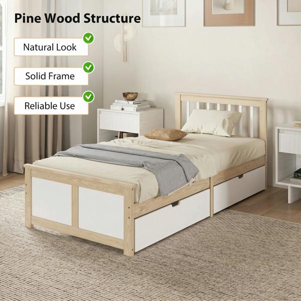 HOMCOM Storage Bed with 2 Drawers, Headboard, Wood Slat Support, Natural