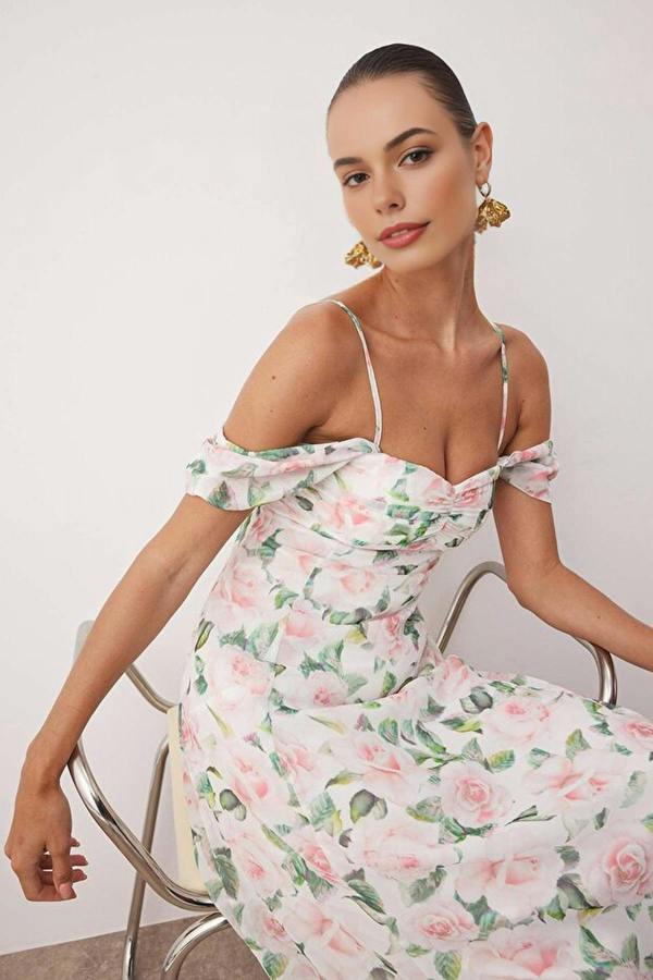 WOVCOR Floral Chiffon Woven Off-Sleeve Evening Dress