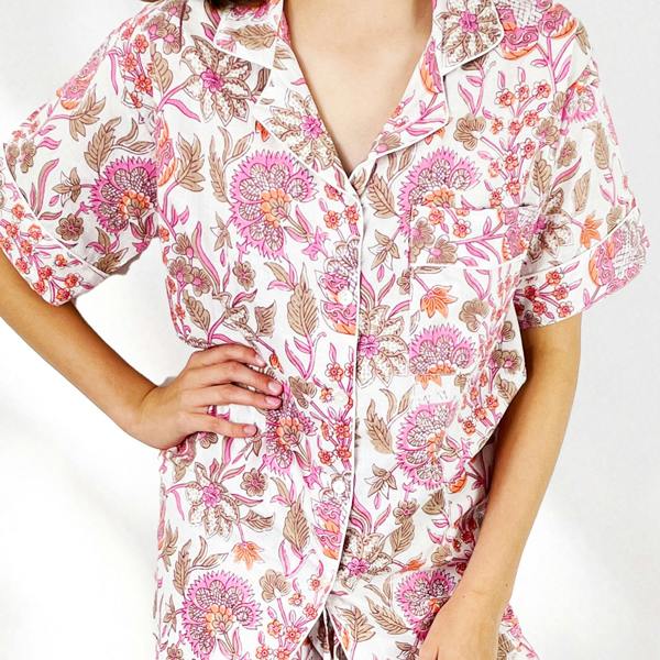 Hayley & Co Block Print Floral 100% Cotton Short Pyjama Set in White and Pink