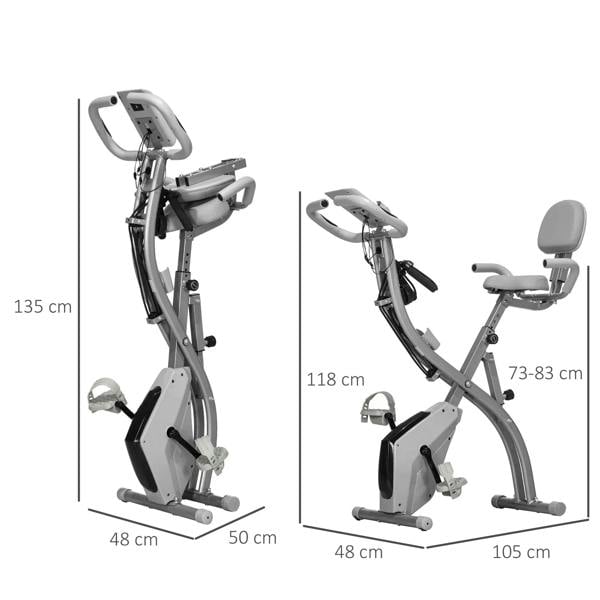 Grey folding exercise bike shown with height measurements and seat position