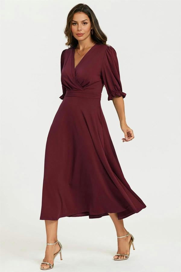 FS Collection Half Sleeves Jersey Midi Dress with Wrap Neckline In Wine