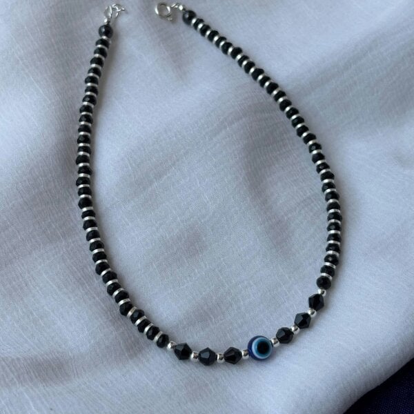 The Colourful Aura 925 Silver Black Beaded Evil Eye Nazar Payal Anklet