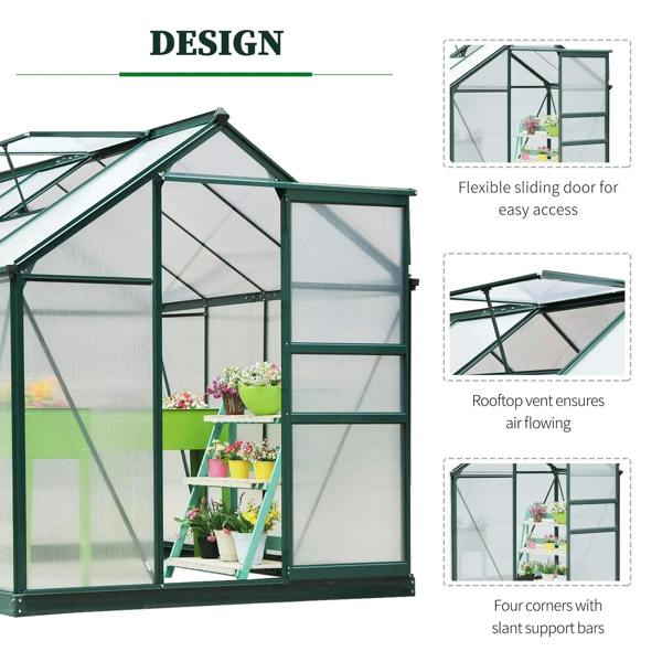 Walk-in greenhouse with sliding door opening, rooftop vent and cross-brace supports