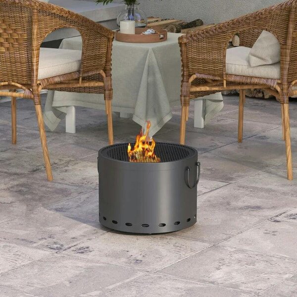 Smokeless Fire Pit, 38cm Portable Wood Burning Firepit with Spark Screen and Poker, Low Smoke Camping Bonfire Stove for Garden Patio Picnic - Dark Grey