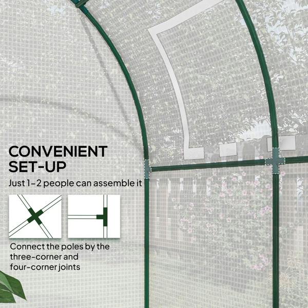White walk-in polytunnel greenhouse with green frame, zippered door and arched panels
