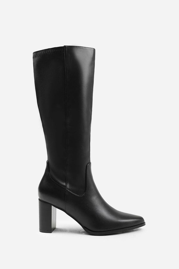 Where's That From Hawthorn Block Heel Knee High Boots With Stitch Detail in Black Faux Leather