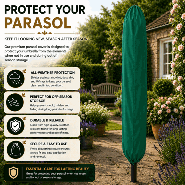 GlamHaus Garden Parasol Table Umbrella 2.7M with Crank Handle, UV40 Protection, Includes Protection Cover, Robust Steel - Green