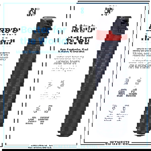 A stainless steel water bottle sits against a white background. It features a dark-colored body with a red band and repeated text, "NEW ENGLAND GO PATS". The bottle is advertised as durable, recyclable, and dishwasher safe.