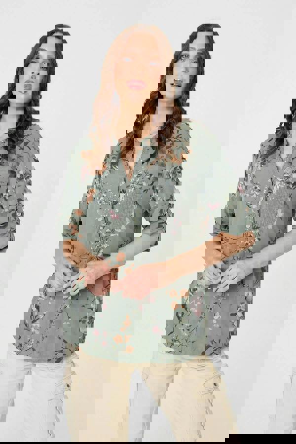 Khaki | Sequin Trim V-Neck Relaxed Blouse : Model is 5'9"/175 cm and wears UK8/EU36/US4/AUS8