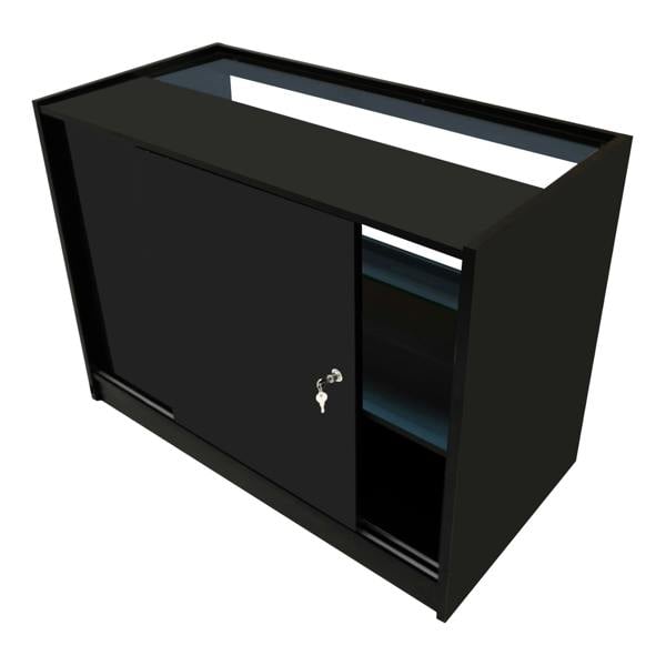 Eclipse LED Shop Counter Set in sleek black, featuring a sliding door, open shelving, and a modern design for retail display