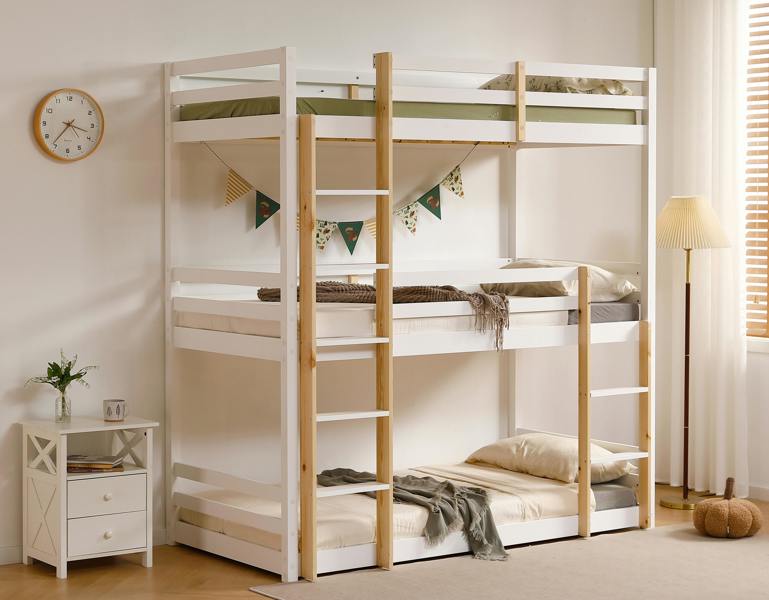 Mission TM Triple Bunk Bed, 3 Tier Solid Pine Frame with Guardrails and 2 Ladders, Sleeps Three